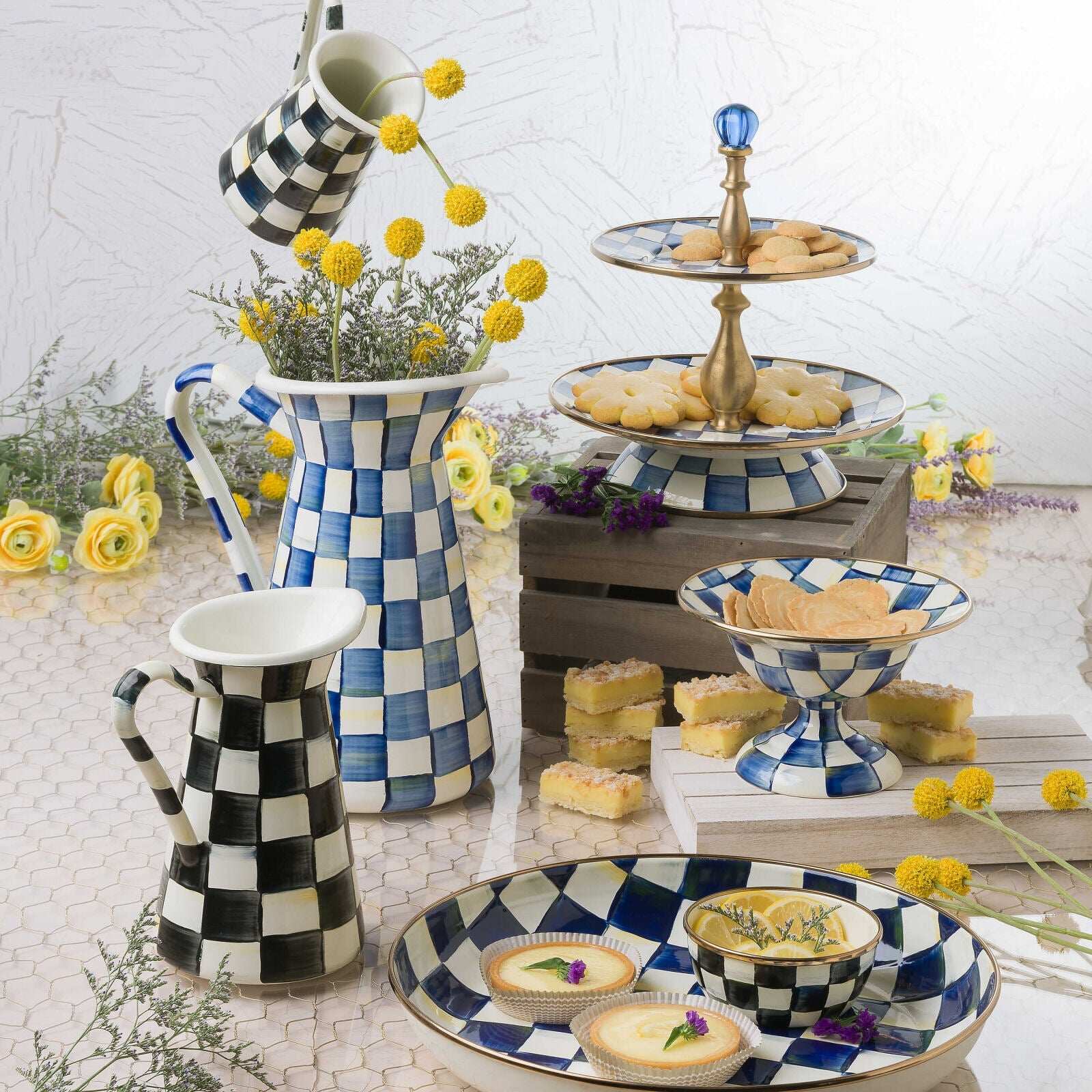 Royal Check Luxury Blue Enamel Two Tier Sweet Stand