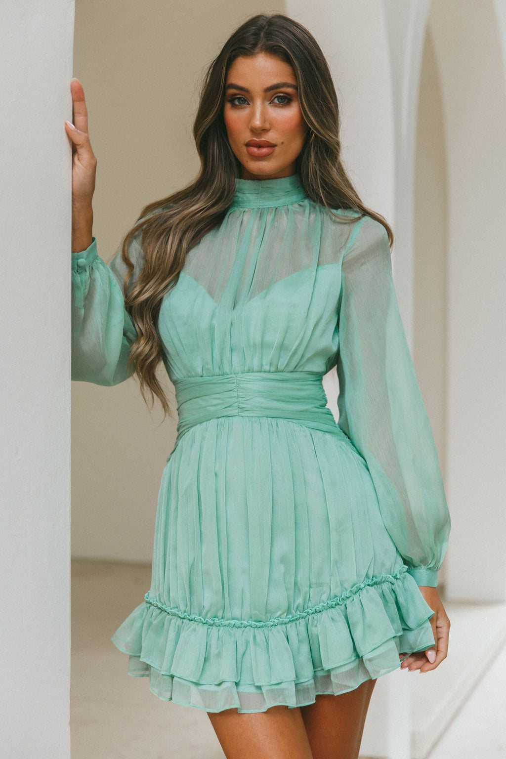 Mandalay High Neck Long Sleeve Waistband Dress Sage