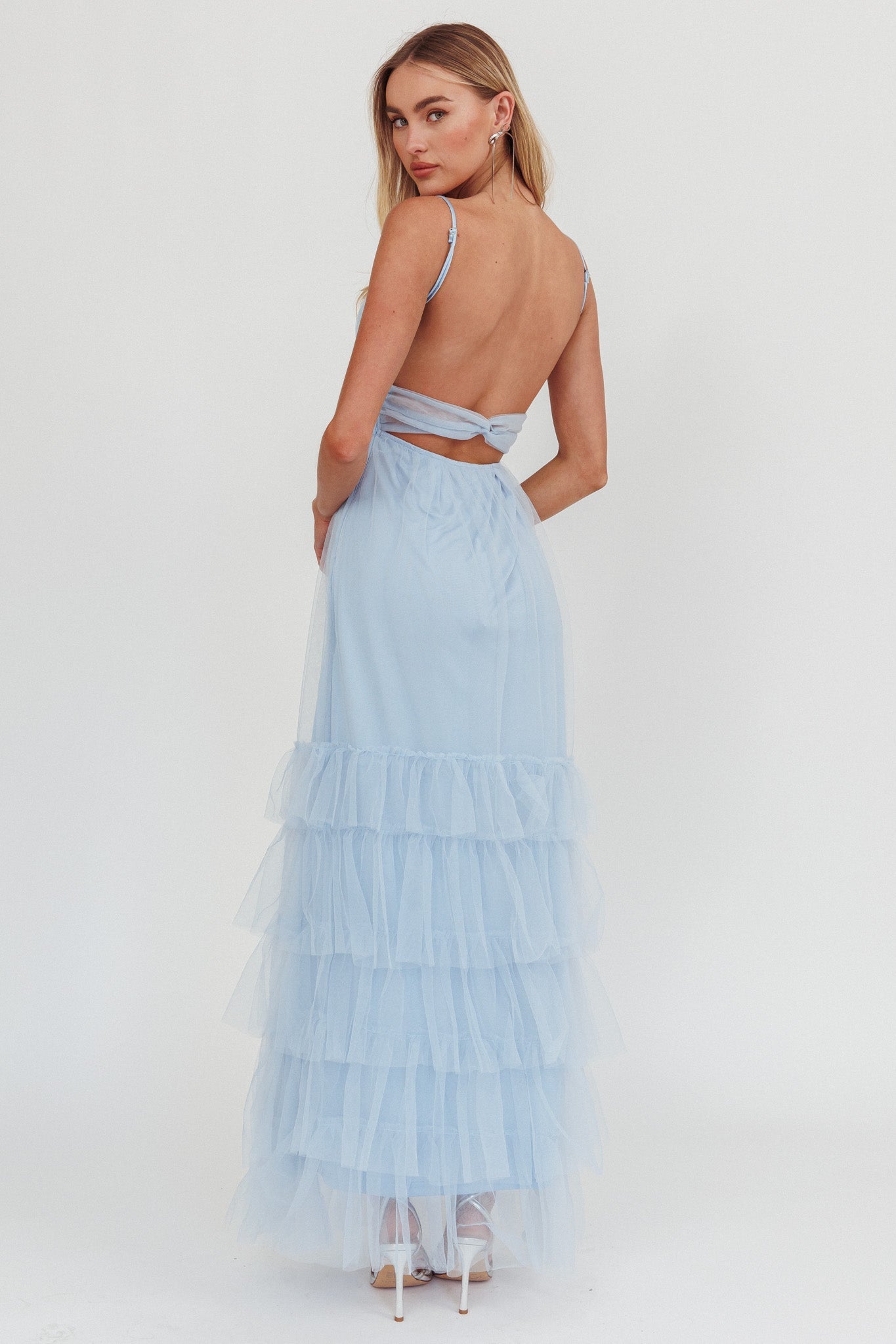 Nerida Twist Back Frill Trim Mesh Maxi Dress Steel Blue