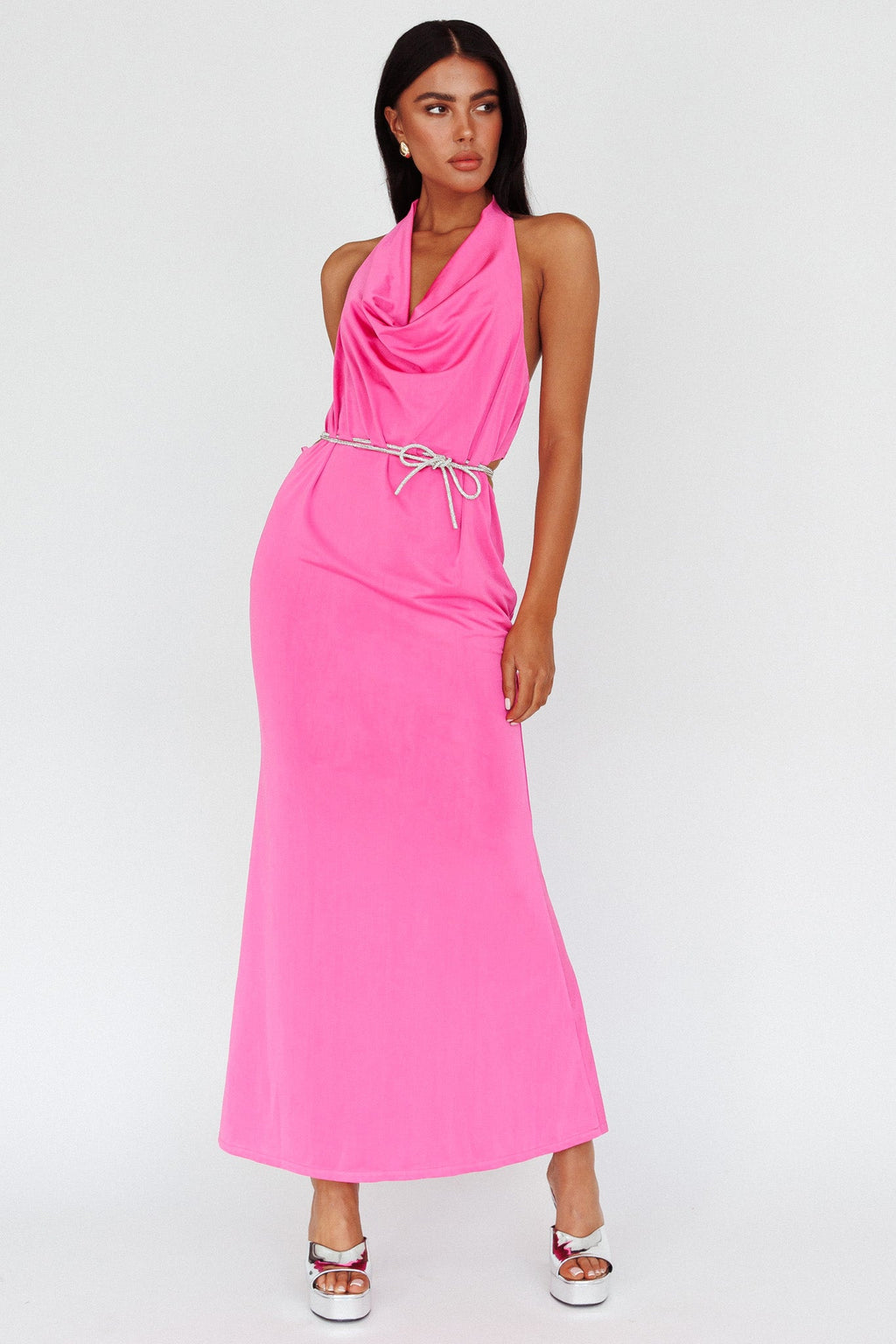 Emmi Cowl Neck Diamante Rope Dress Magenta