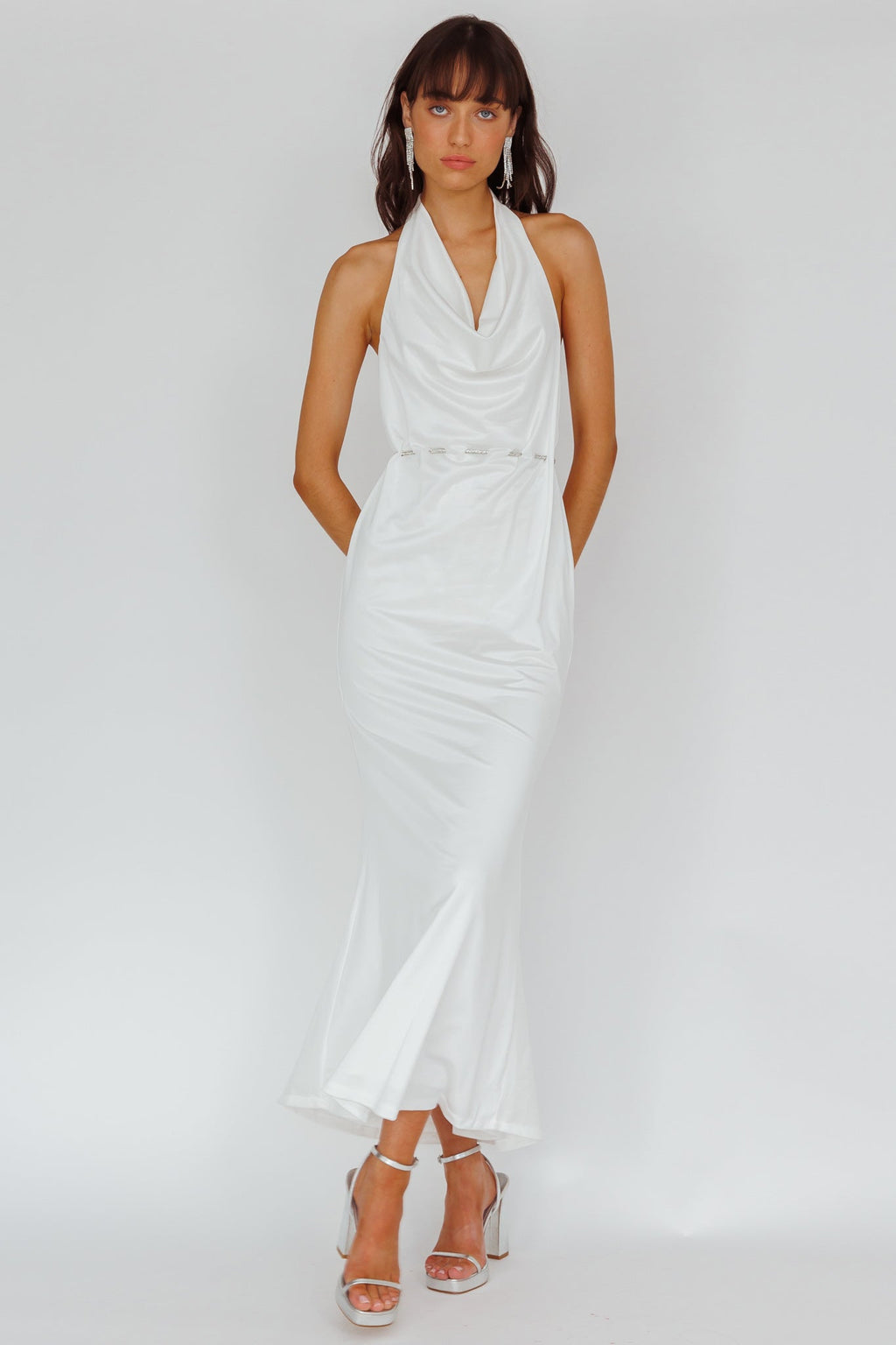 Emmi Cowl Neck Diamante Rope Dress White
