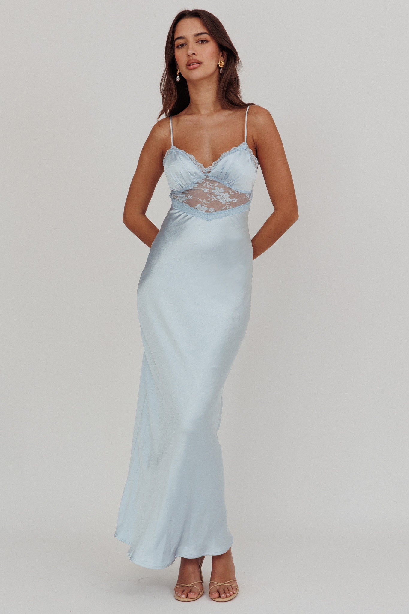 Her theory Lace Trim Maxi Dress Steel Blue