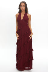 Flirt Frill Trim Halter Maxi Dress Wine