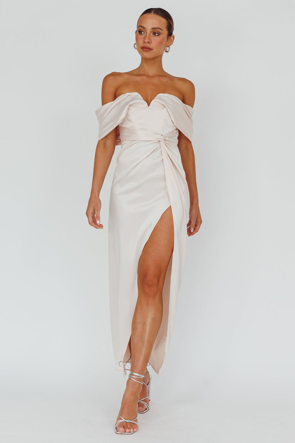 Amaryllis Off-Shoulder Twist Maxi Dress Pearl