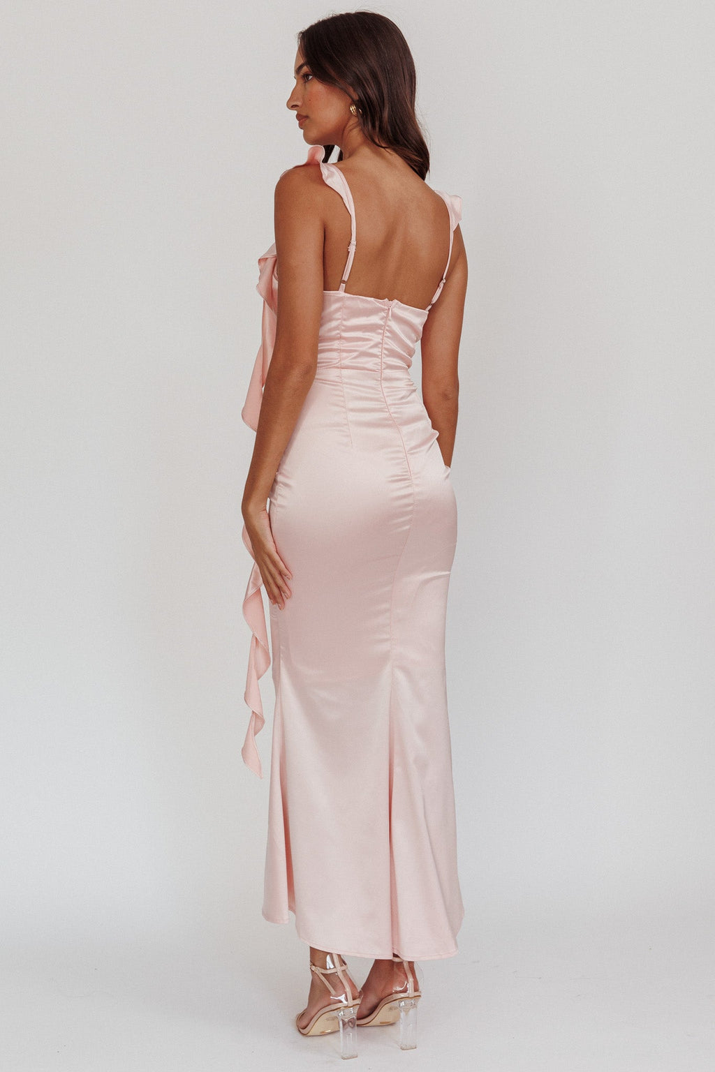 Blushing Ruffle Trim Midi Dress Baby Pink