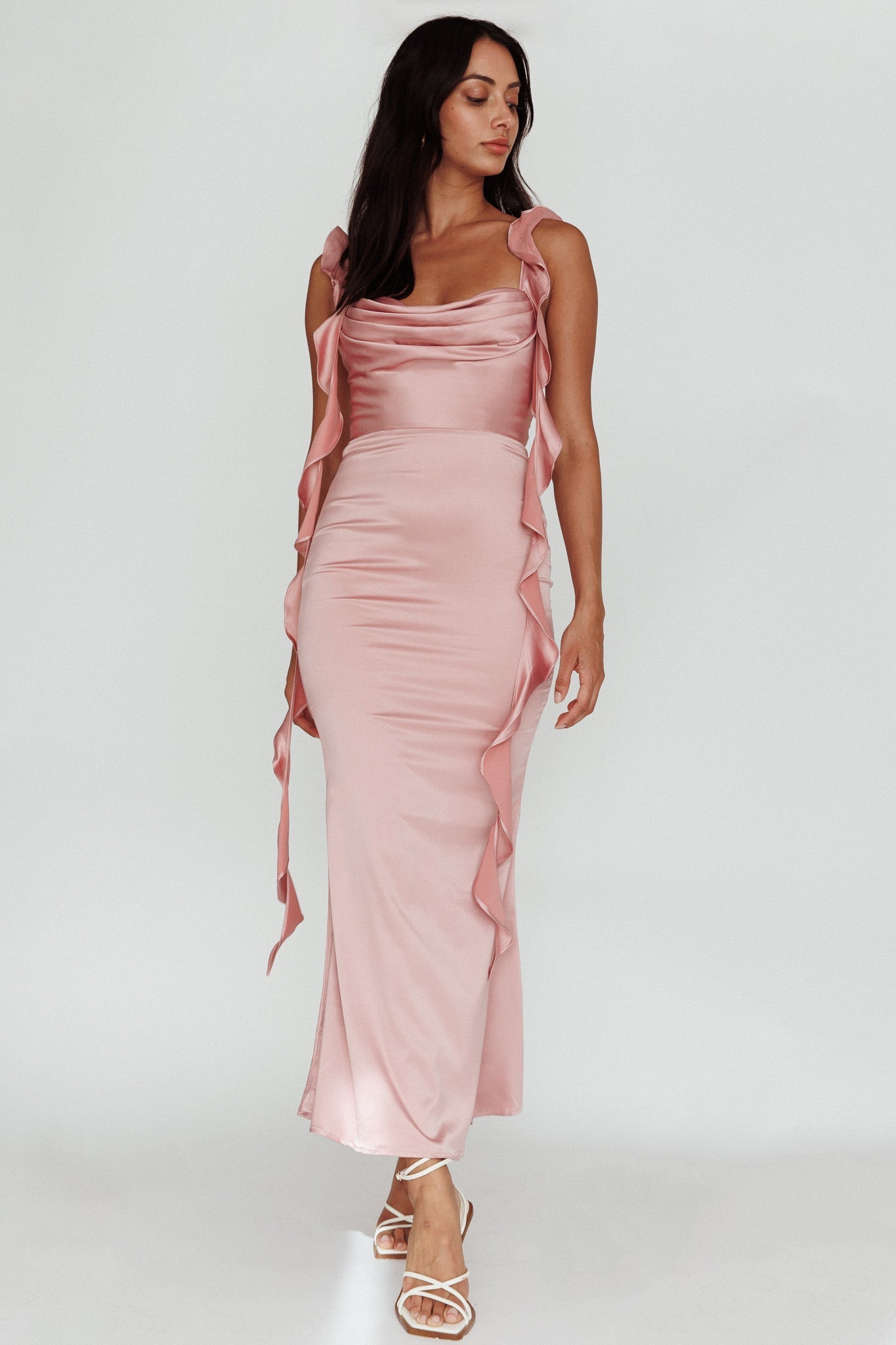 Blushing Ruffle Trim Midi Dress Mauve