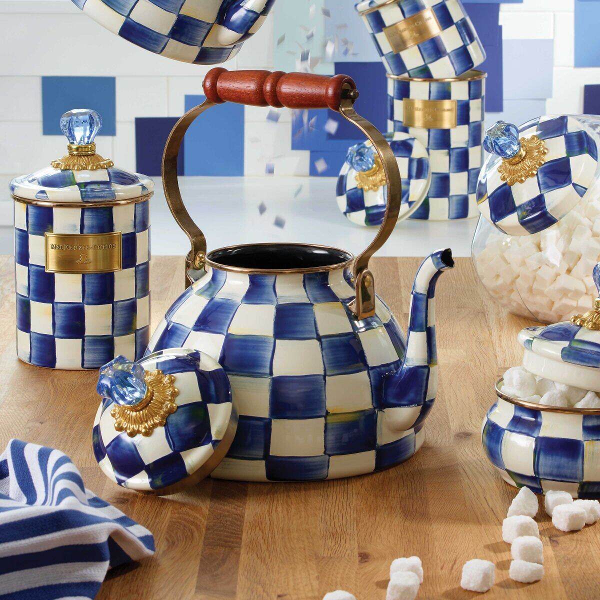 Royal Check Blue Enamel Tea Kettle by Mackenzie-Childs 2.84L