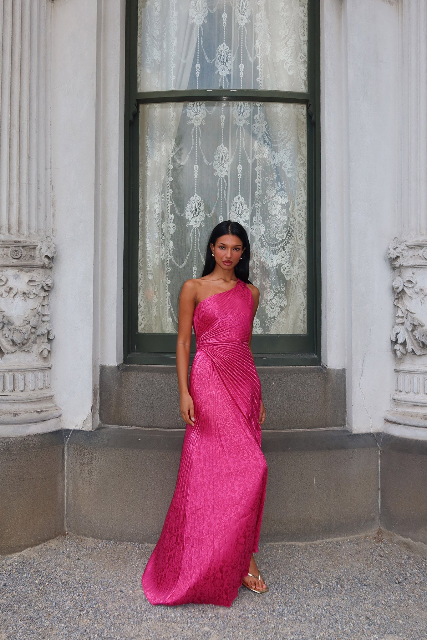 Amelie One-Shoulder Accordion Pleat Maxi Dress Floral Fuchsia