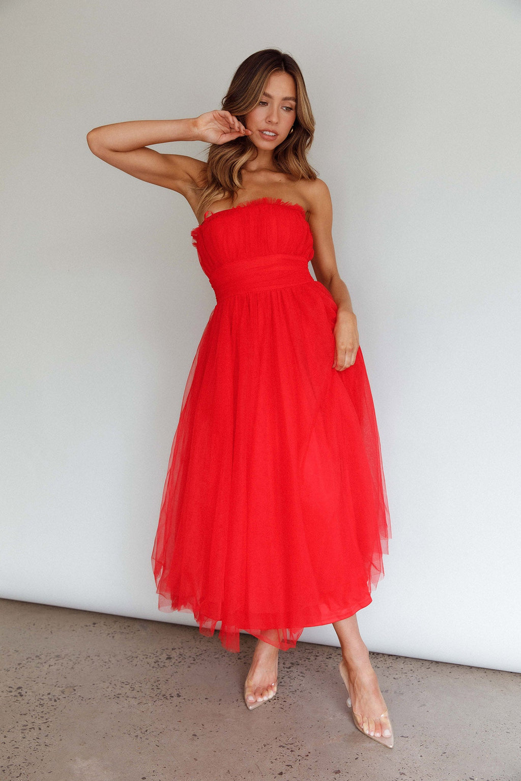 Fayette Strapless Mesh Midi Dress Red