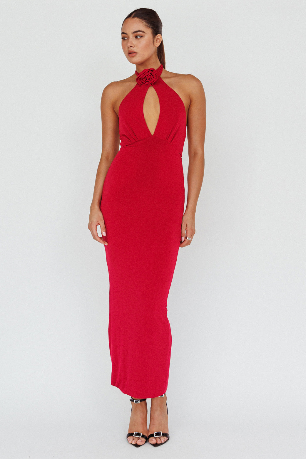 Simha Rose Halterneck Midi Dress Red