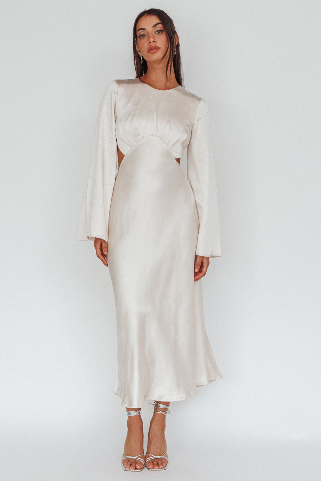 Doting Bell Sleeve Cut-Out Midi Dress Champagne