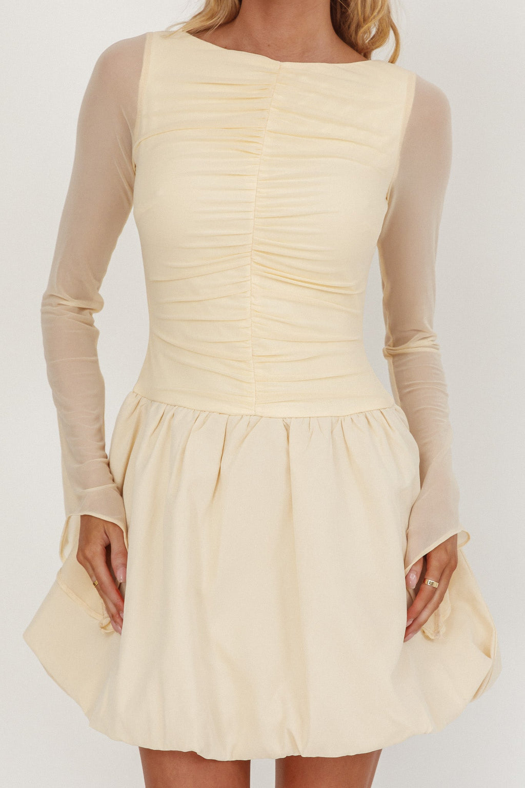 Elowin Long Sleeve Bubble Hem Mini Dress Cream