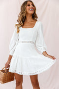 Sweetheart Corset-Back Lantern Sleeve Dress White